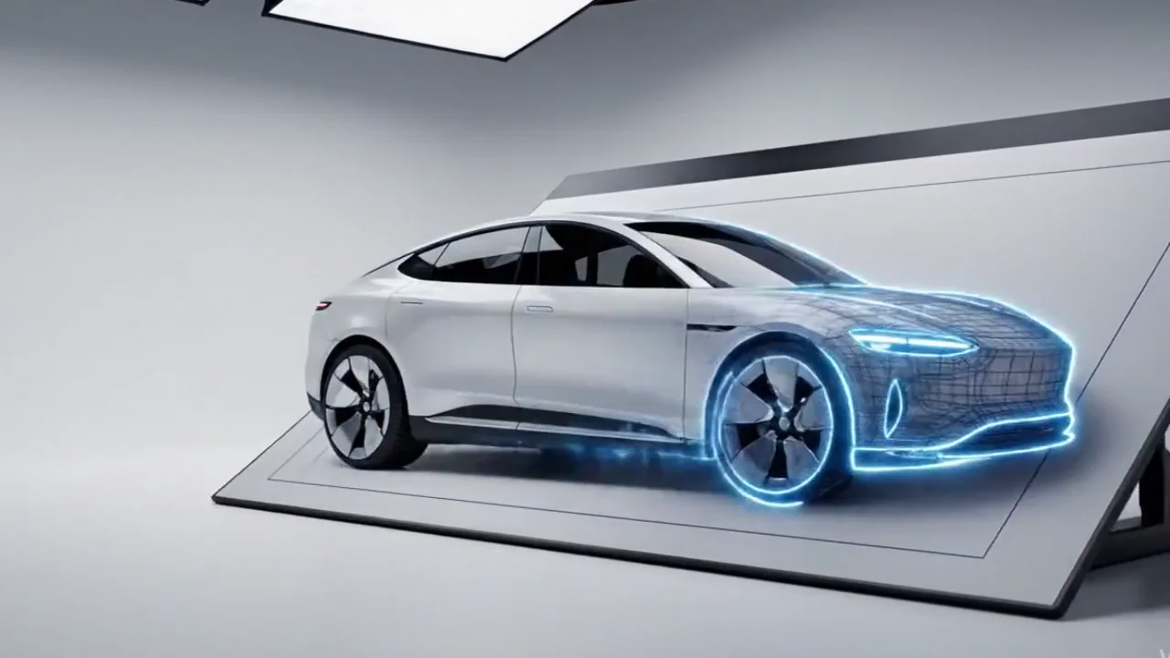 EV design blueprint transforming into a 3D electric vehicle that drives forward, representing design patent and clean energy innovation services