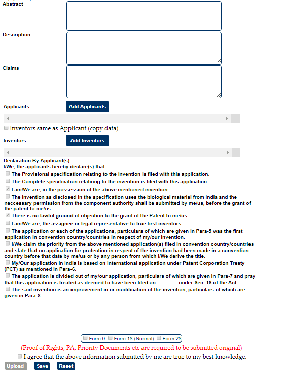 This image shows the application filing page where the applicant must tick on declarations before saving the application ans uploading the documents.