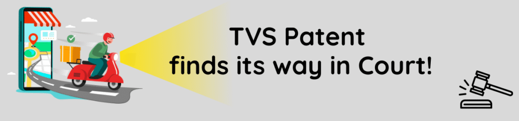 Illustration of a delivery rider on a red scooter emerging from a mobile phone screen with a GPS map, spotlighting the text 'TVS Patent finds its way in Court!' alongside a gavel icon, symbolizing legal proceedings.