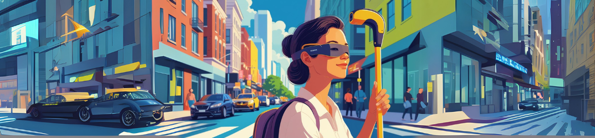 The image shows how AI is assisting a person with blindness with AI enabled specs and cane to cross a road.