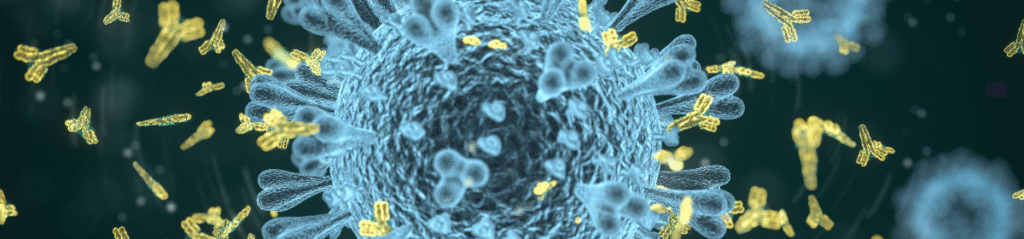 3D rendering of a blue virus particle surrounded by yellow antibodies, illustrating an immune response at the microscopic level