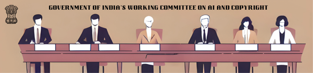 Illustration of Government of India's committee members seated at a long table, discussing AI and copyright policy matters.