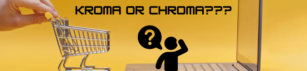 Image showing Confused shopper choosing between similar brands online with text KROMALITE OR CHROMALITE??? above a shopping cart and laptop, highlighting trademark confusion.