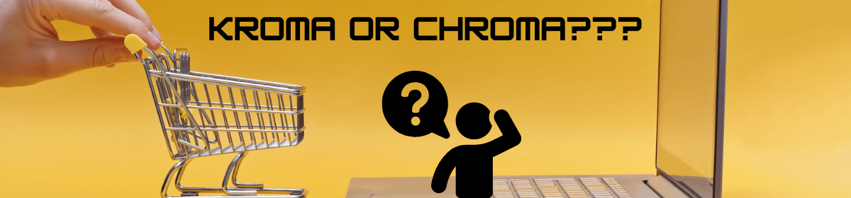 Image showing Confused shopper choosing between similar brands online with text KROMALITE OR CHROMALITE??? above a shopping cart and laptop, highlighting trademark confusion.