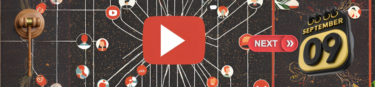 Illustration showing a YouTube play button, legal gavel, and a calendar marked for September 9.