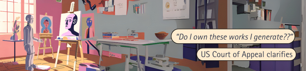 Robot painting portraits in a studio, with text asking about ownership of generated works.