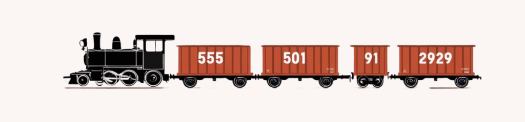 A stylized illustration of a black steam locomotive pulling four red cargo wagons. Each wagon is labeled with a large white number: 555, 501, 91, and 2929, respectively, from front to back. The train and its wagons symbolize the addition of "2929" numerical trademark to the existing numerical trademarks registered with the Trademark office.