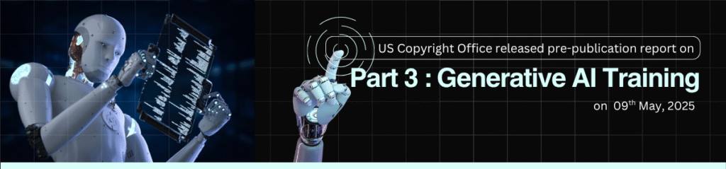 Robot reading on a digital tablet and pointing gesture next to text about the U.S. Copyright Office’s pre-publication report on generative AI training released on May 9, 2025.