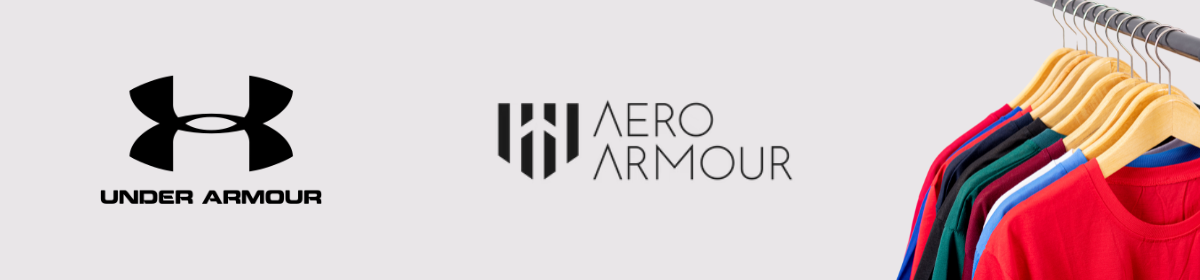 Logos of Under Armour and Aero Armour beside colorful T-shirts on hangers.