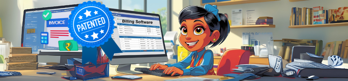 A smiling woman in an office uses billing software on her computer, with a large “PATENTED” seal displayed over the screen, signifying the billing software has received patent protection.