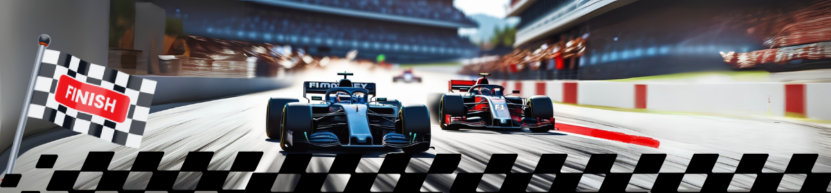 Two cars racing side-by-side toward a checkered finish line with a waving finish flag; one car with FI MONEY written on it leads as it speed past the car with F1 on it.