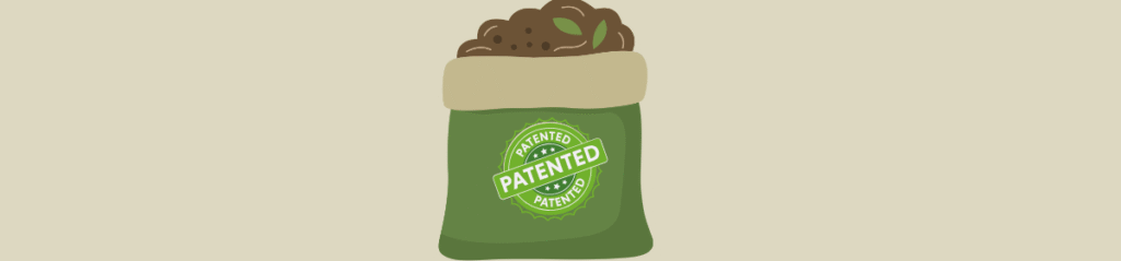 Illustration of a green fertilizer bag filled with soil and leaves, featuring a prominent green "PATENTED" seal on the front, set against a light beige background.
