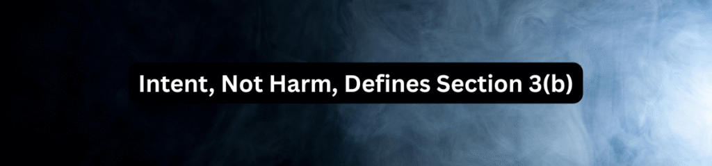 Text reading "Intent, Not Harm, Defines Section 3(b)" displayed in bold white font on a dark smoky background