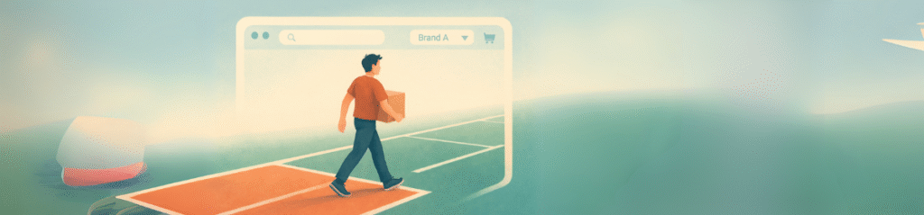 A man carrying a box walks on a running track that leads into a web browser window, symbolizing entry into an online marketplace.