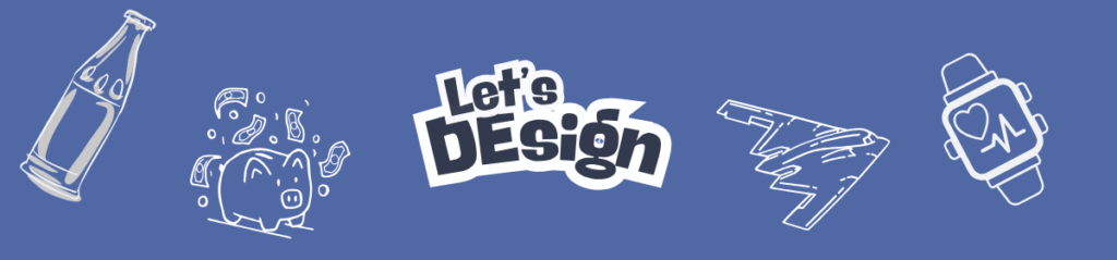 Illustration featuring various product designs—a glass bottle, piggy bank with money, futuristic aircraft wing, and a smartwatch—centered around the phrase "Let's Design" on a blue background, symbolising innovation and industrial design.