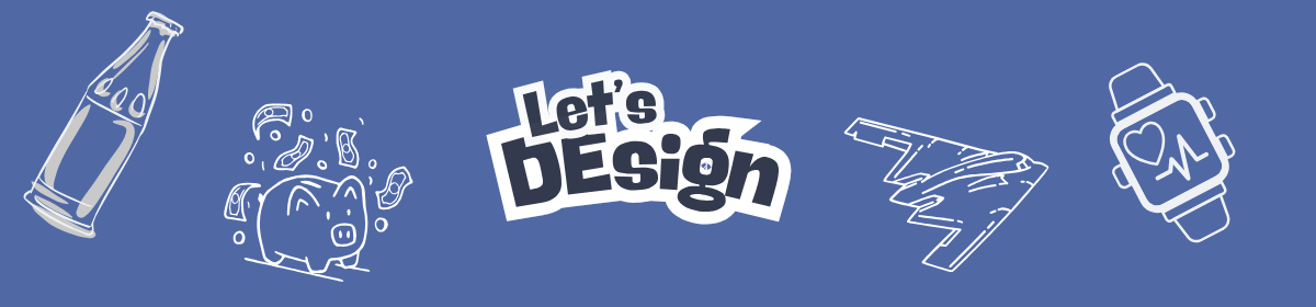 Illustration featuring various product designs—a glass bottle, piggy bank with money, futuristic aircraft wing, and a smartwatch—centered around the phrase "Let's Design" on a blue background, symbolising innovation and industrial design.