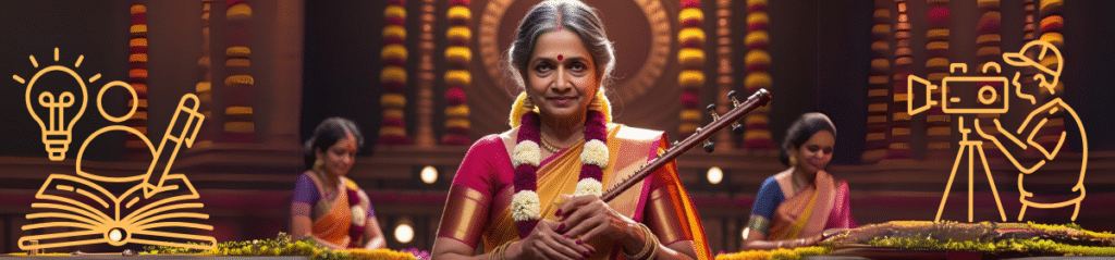 A dignified elderly South Indian singer lady in a traditional silk saree and garland, holding a musical instruments, stands center stage with a composed expression. The background features festive lights and garlands, with gold line-art illustrations of a book, pen and idea being expressed through writing on one side and a film crew overlaying the scene on another side.