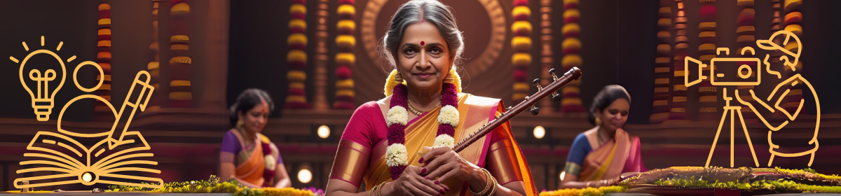 A dignified elderly South Indian singer lady in a traditional silk saree and garland, holding a musical instruments, stands center stage with a composed expression. The background features festive lights and garlands, with gold line-art illustrations of a book, pen and idea being expressed through writing on one side and a film crew overlaying the scene on another side.