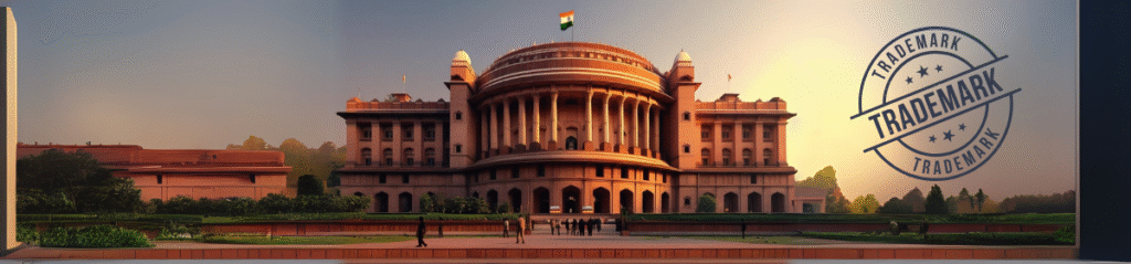 Illustration of the Indian Parliament building with the national flag atop, captured during golden hour. A 'TRADEMARK' stamp is superimposed on the right side of the image, symbolising legal or intellectual property context.