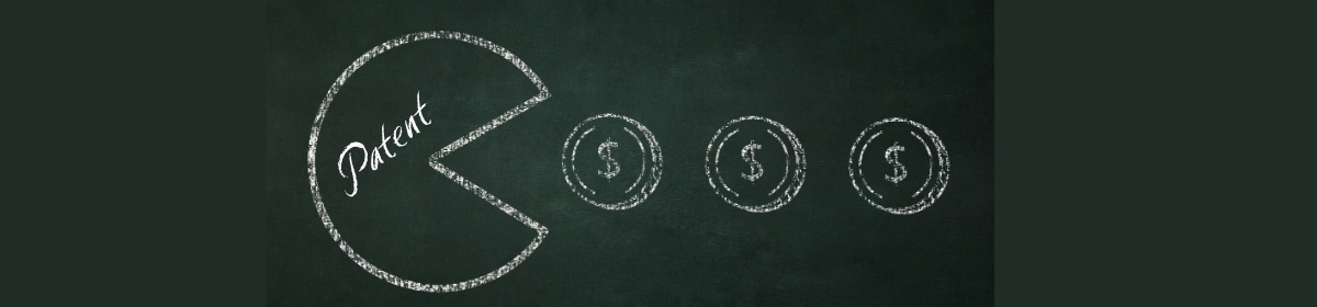 Chalk drawing of a Pac-Man-like shape labeled "Patent" appearing to eat three dollar signs, symbolising the high costs associated with patents.