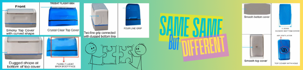 A visual comparison of two self-inking stamp designs—Addprint's and Trodat Flashy 6904—showcasing multiple differences. On the left, Addprint's design features include a smoky curved top cover, a dug-out shape on the bottom of the top cover, and two line grips connected with a dugged bottom line. On the right, Trodat's design includes a crystal clear top cover, a plain fluent back body face, a four-line grip, smooth bottom and top covers, a dugged bottom cover, an air ventilator, and a top cover with a hole. At the centre is a colourful graphic stating “SAME SAME But DIFFERENT” alongside stick figures holding mismatched puzzle pieces, symbolising design differences.