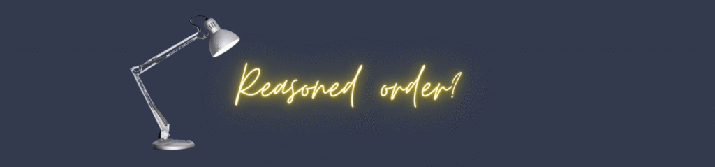 Illustration of a desk lamp shining light on the glowing handwritten text "Reasoned order?" set against a dark blue background.