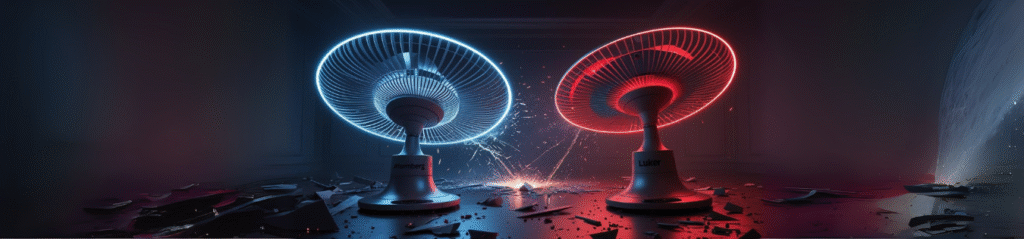 Two futuristic pedestal fans labeled "Atomberg" and "Luker" face each other in a dark, dramatic setting. The Atomberg fan glows with blue neon light, while the Luker fan glows red. Wind blasts collide in the center, scattering debris and creating visible sparks, symbolizing intense rivalry or conflict.