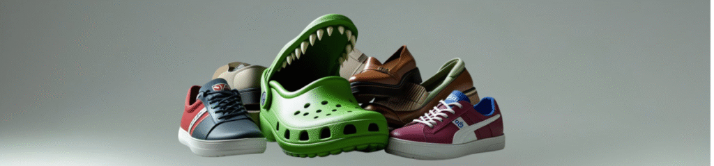 A lineup of various footwear styles including sneakers, loafers, and a distinctive green clog resembling a Crocs shoe with cartoonish crocodile teeth, symbolizing Crocs amid competitor brands.