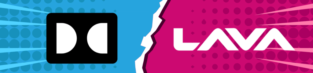 Split-screen graphic showing a stylized Dolby logo on the left side with a blue background, and the Lava logo on the right side with a pink background. The two sides are separated by a jagged, comic-style lightning crack, suggesting conflict or competition.