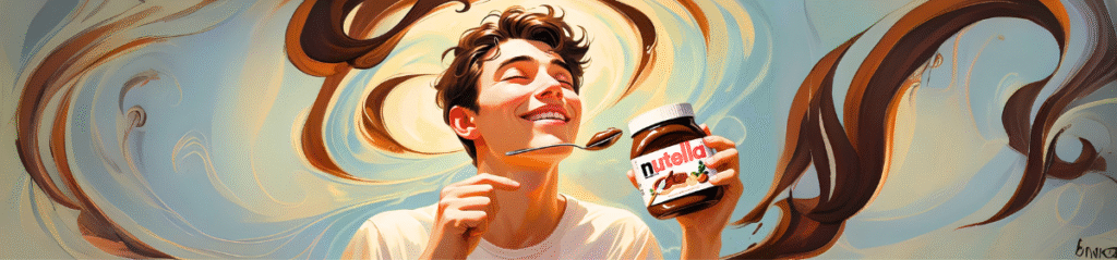 A joyful young man holding a jar of Nutella with a spoon in mid-air, surrounded by swirling ribbons of chocolate in a dreamy, artistic background.