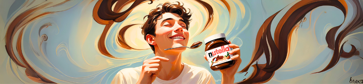 A joyful young man holding a jar of Nutella with a spoon in mid-air, surrounded by swirling ribbons of chocolate in a dreamy, artistic background.