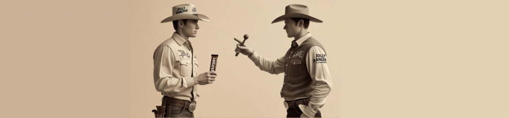**Alt Text:** Two cowboys face off in a sepia-toned standoff, symbolizing a trademark dispute. The cowboy on the left wears a "JOLLY RANCHER" hat and shirt, holding a candy bar. The cowboy on the right wears a "JOLLY RANGER" shirt and holds a gavel, representing legal confrontation.