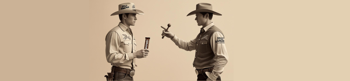 **Alt Text:** Two cowboys face off in a sepia-toned standoff, symbolizing a trademark dispute. The cowboy on the left wears a "JOLLY RANCHER" hat and shirt, holding a candy bar. The cowboy on the right wears a "JOLLY RANGER" shirt and holds a gavel, representing legal confrontation.