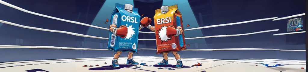 Cartoon depiction of a boxing match between two juice box characters representing "ORSL" (blue) and "ERSI" (orange), symbolizing a trademark dispute. Both cartons wear boxing gloves and shoes, standing in a ring with splashes of juice and torn labels around, reflecting a legal battle over brand similarity.