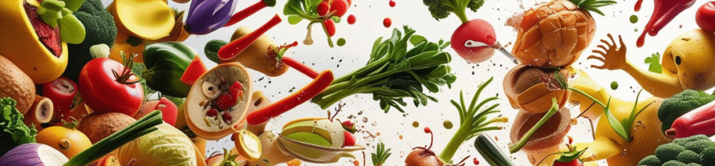 An artistic and colorful image of various fruits, vegetables, and food items flying or exploding outward from the center. The composition includes items like tomatoes, bell peppers, onions, broccoli, pineapple, bread rolls, and leafy greens, all suspended mid-air. There are also stylized humanoid food figures interacting with the scene, creating a lively and surreal food battle effect against a bright background.