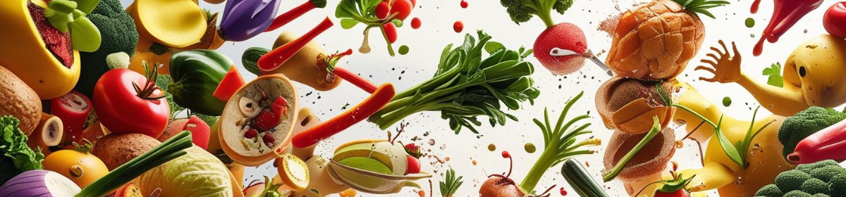 An artistic and colorful image of various fruits, vegetables, and food items flying or exploding outward from the center. The composition includes items like tomatoes, bell peppers, onions, broccoli, pineapple, bread rolls, and leafy greens, all suspended mid-air. There are also stylized humanoid food figures interacting with the scene, creating a lively and surreal food battle effect against a bright background.