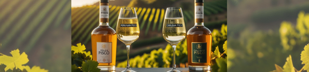 Two bottles and two glasses of Pisco labeled "Peruvian Pisco" and "Chilean Pisco" are displayed on a table set against a scenic vineyard backdrop at sunset, symbolizing the geographical indication dispute between Peru and Chile.