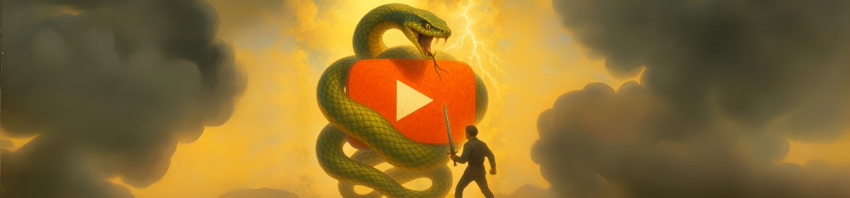 A dramatic digital illustration depicts a giant green snake coiling tightly around a large red YouTube logo with a white play button in the center. The scene is set against a bright golden sky with lightning striking in the background, while thick dark storm clouds frame the sides. In the foreground, a lone man holding a sword stands facing the snake, poised for battle.