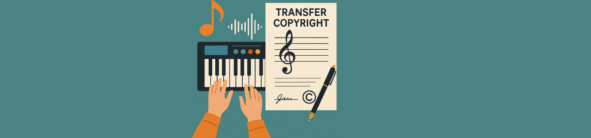 A flat digital illustration shows two hands playing a small keyboard, with a floating orange music note and soundwave above. To the right, there is a large “TRANSFER COPYRIGHT” document featuring a treble clef, signature line, copyright symbol, and a pen, symbolizing music creation and copyright transfer.