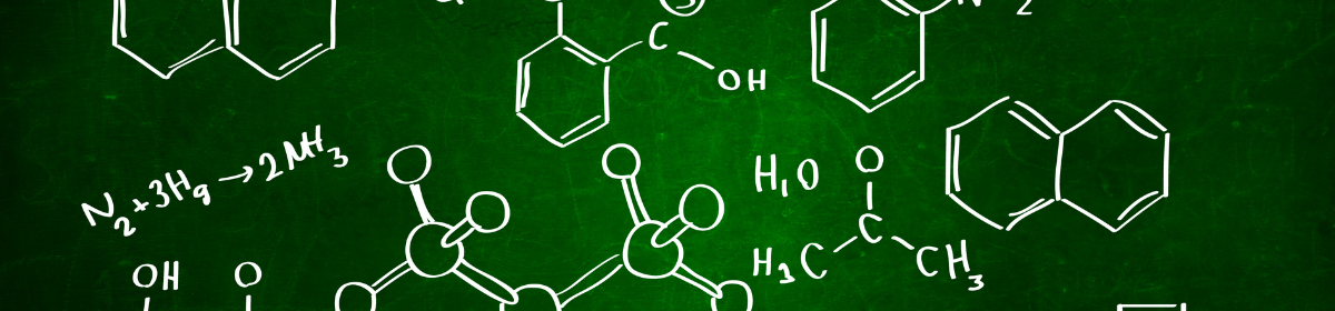 Green chalkboard with various hand-drawn organic chemistry structures and chemical equations, including benzene rings, hydroxyl groups, and molecular formulas like N₂ + 3H₂ → 2NH₃, representing chemical reactions and compounds.