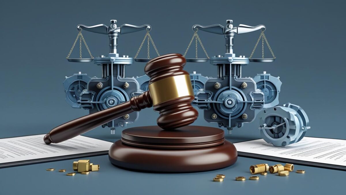 A 3D-rendered digital image depicting a legal and engineering theme. The foreground shows a judge's gavel resting on legal documents with metal fittings and coins scattered nearby. In the background, mechanical valve systems are integrated with justice scales, symbolizing a legal dispute over industrial components, likely fluid control valves. The scene combines elements of law and technology, representing a patent conflict or court ruling in an engineering context.