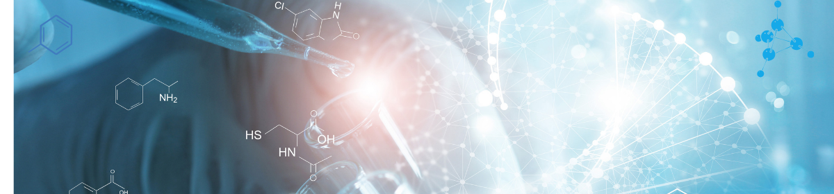 Laboratory pipette with DNA and molecular structures representing biotech research