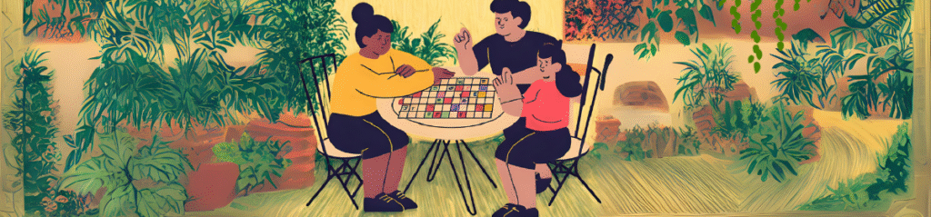 Family playing a word board game on a garden patio, placing letter tiles on a grid board.