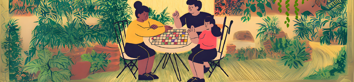 Family playing a word board game on a garden patio, placing letter tiles on a grid board.