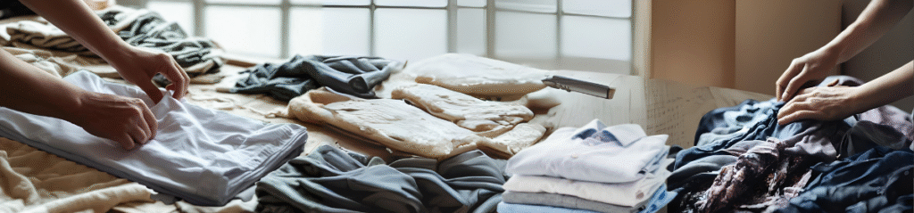 Image of two pair of hands folding clothes and garments on a table.
