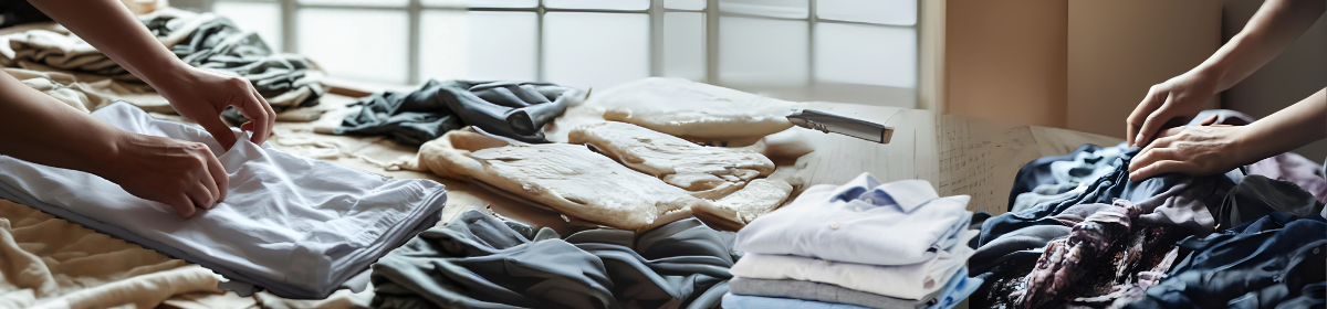 Image of two pair of hands folding clothes and garments on a table.