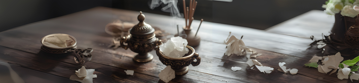 A brass camphor burner with white camphor crystals on a wooden table, surrounded by incense sticks and flower petals.