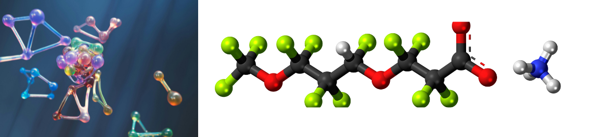 3D molecular structures illustrating chemical bonding and a detailed fluorinated organic compound model with carbon, hydrogen, oxygen, nitrogen, and fluorine atoms