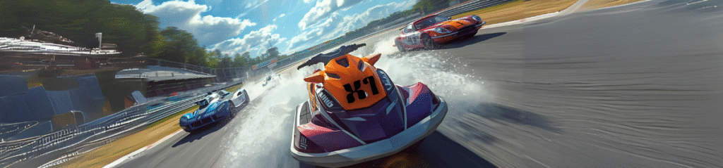 X1-branded jetski races ahead on a track as cars chase.
