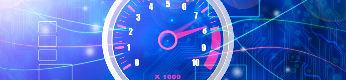 Illustration of a digital tachometer with a needle pointing to 8,000 RPM, overlaid on a blue circuit board background with flowing neon lines representing speed and technology.